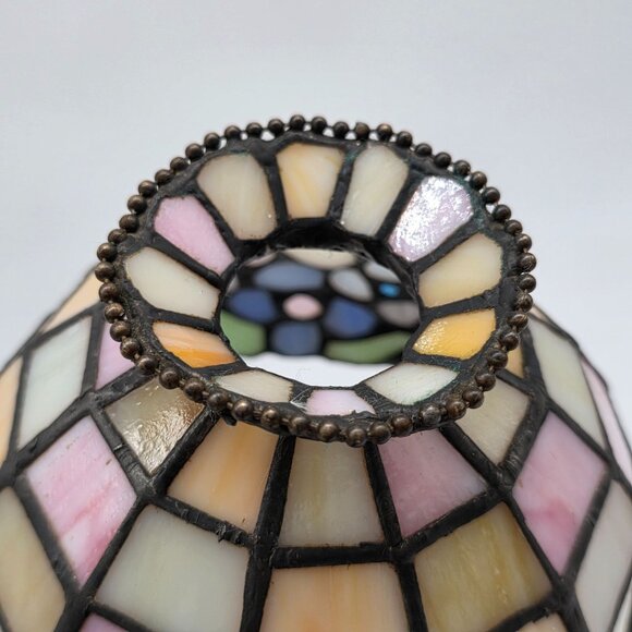 Stained Glass Mosaic Lamp Shade Multicolor Floral Pattern With Iridescent Accent - Picture 8 of 8